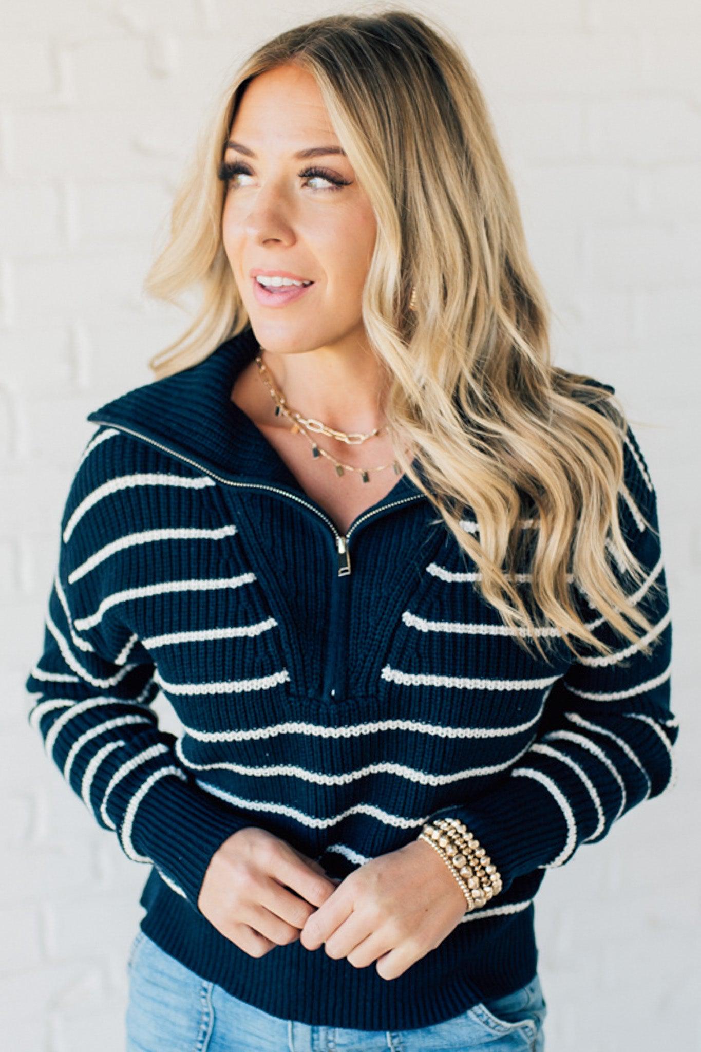 Mary Striped Zip Henley Sweater