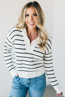  Mary Striped Zip Henley Sweater