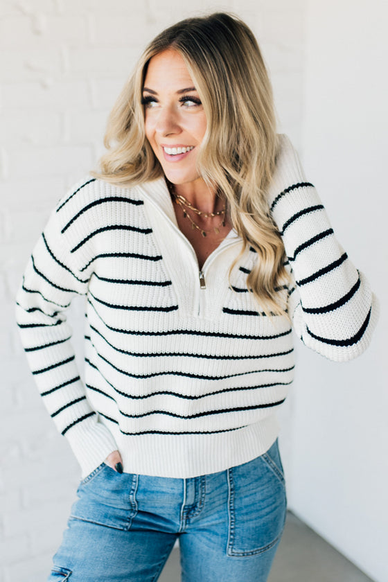 Mary Striped Zip Henley Sweater