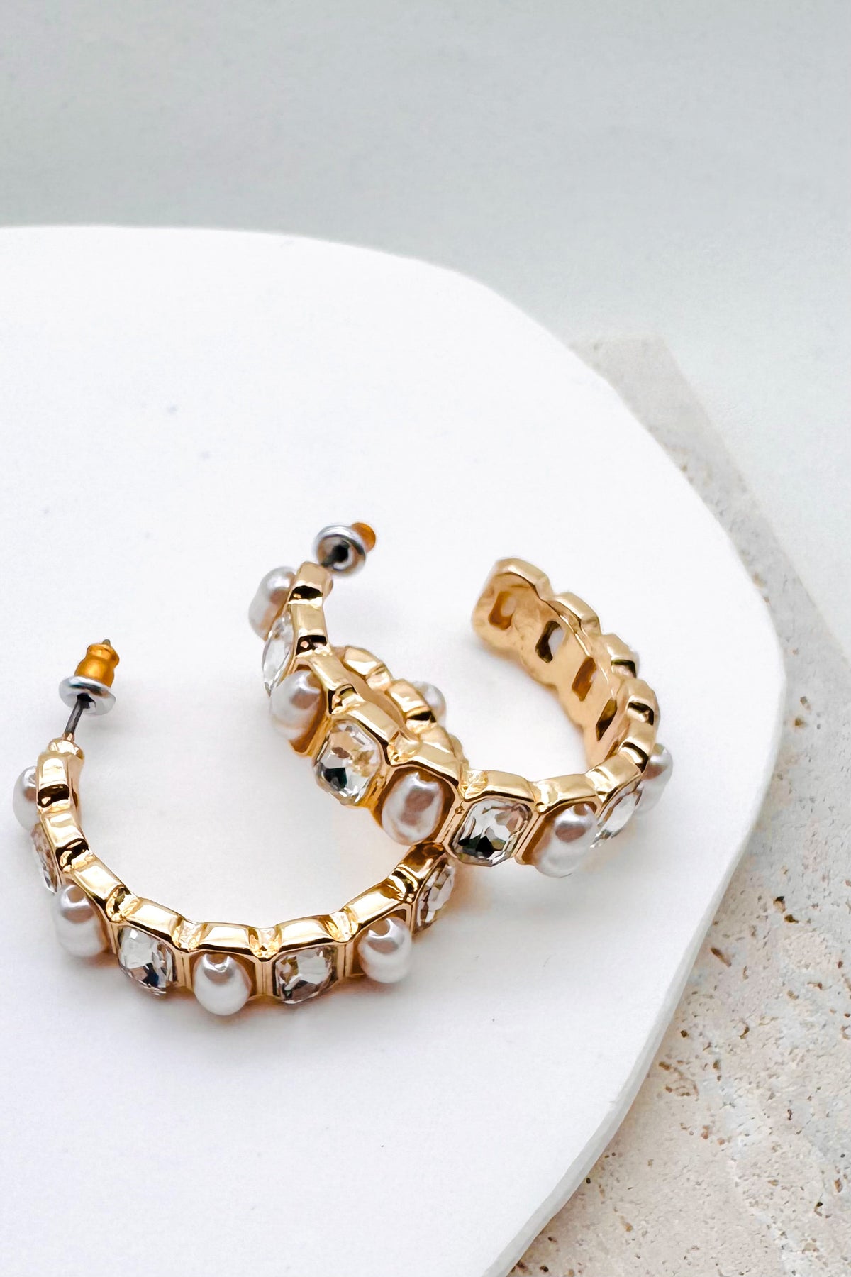 Alternating Pearl And Rhinestone Hoop Earrings