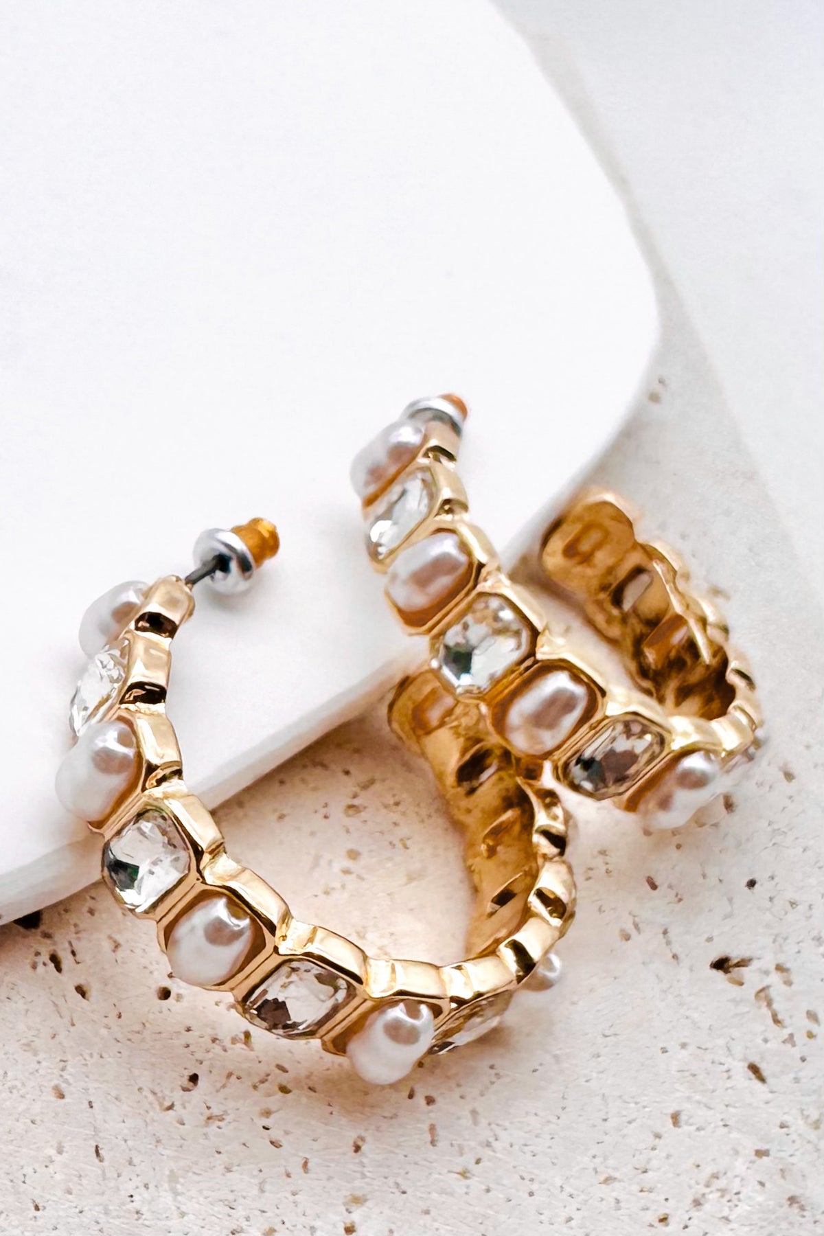 Alternating Pearl And Rhinestone Hoop Earrings