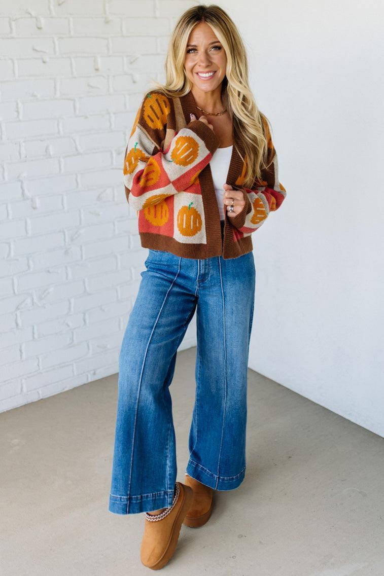 PUMPKIN HALLOWEEN THANKSGIVING CHECKERED SWEATER OPEN FRONT CARDIGAN