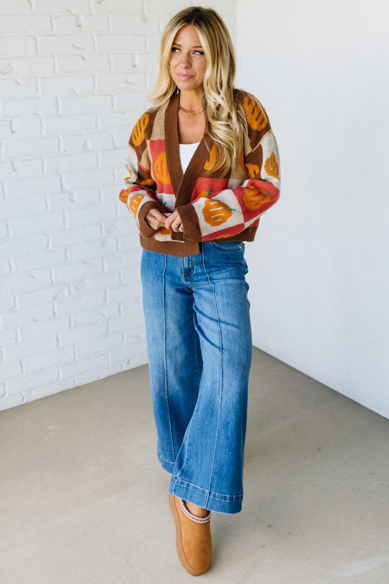 PUMPKIN HALLOWEEN THANKSGIVING CHECKERED SWEATER OPEN FRONT CARDIGAN