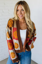 PUMPKIN HALLOWEEN THANKSGIVING CHECKERED SWEATER OPEN FRONT CARDIGAN