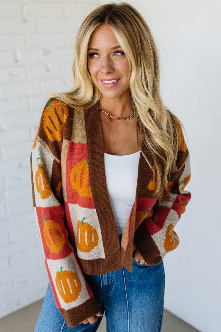 PUMPKIN HALLOWEEN THANKSGIVING CHECKERED SWEATER OPEN FRONT CARDIGAN