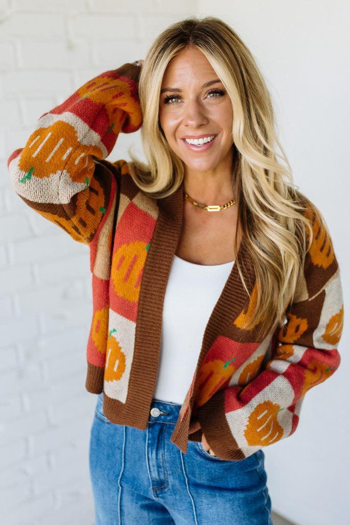 PUMPKIN HALLOWEEN THANKSGIVING CHECKERED SWEATER OPEN FRONT CARDIGAN