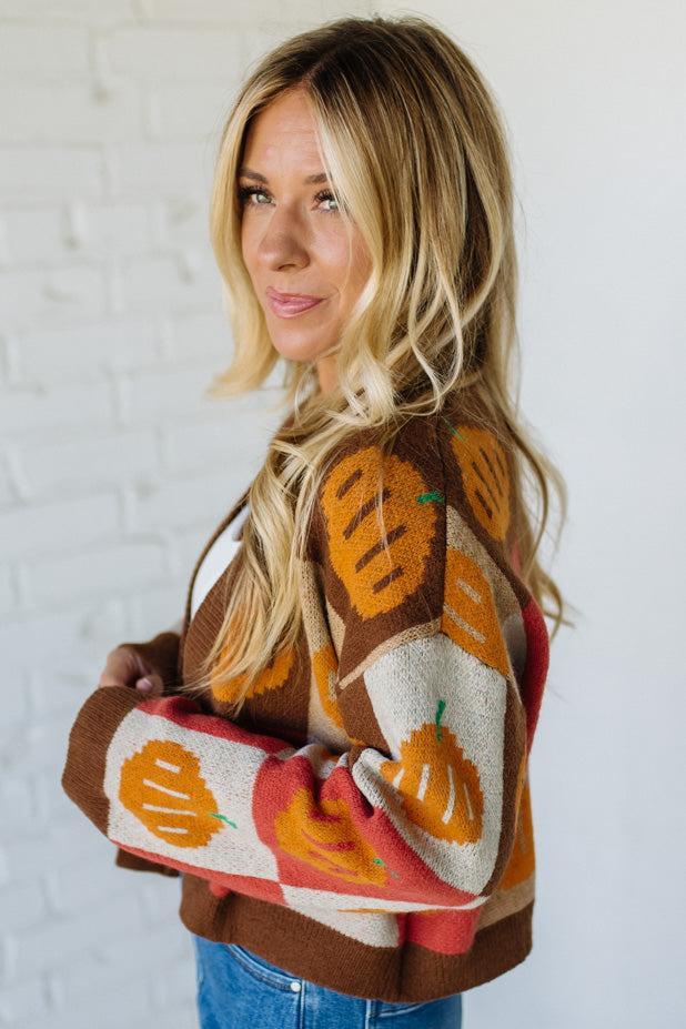PUMPKIN HALLOWEEN THANKSGIVING CHECKERED SWEATER OPEN FRONT CARDIGAN