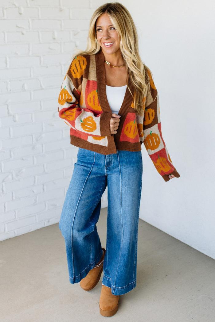 PUMPKIN HALLOWEEN THANKSGIVING CHECKERED SWEATER OPEN FRONT CARDIGAN