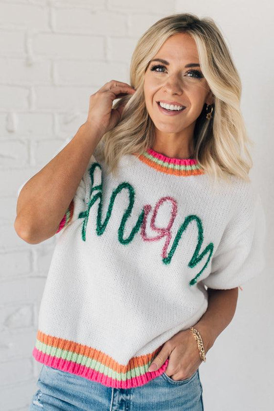 Mom Multi Color Puff Sleeve Sweater