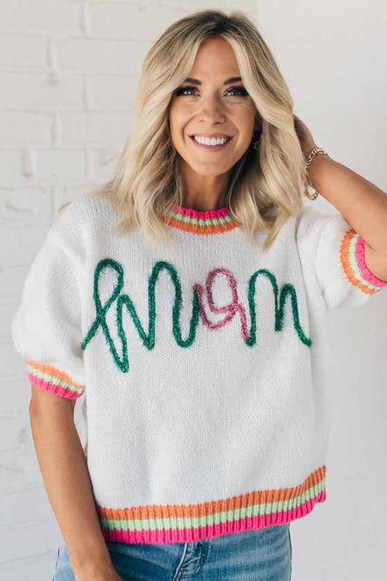 Mom Multi Color Puff Sleeve Sweater