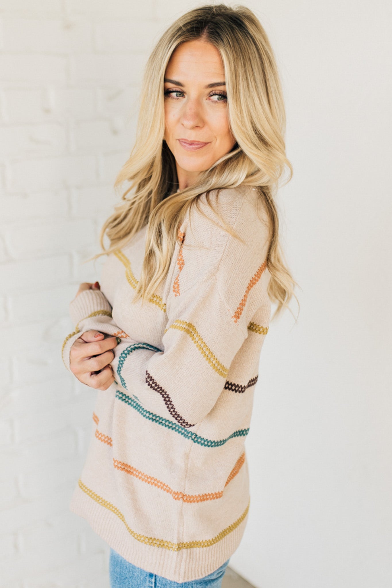 Muted Rainbow Stitch Stripe Sweater