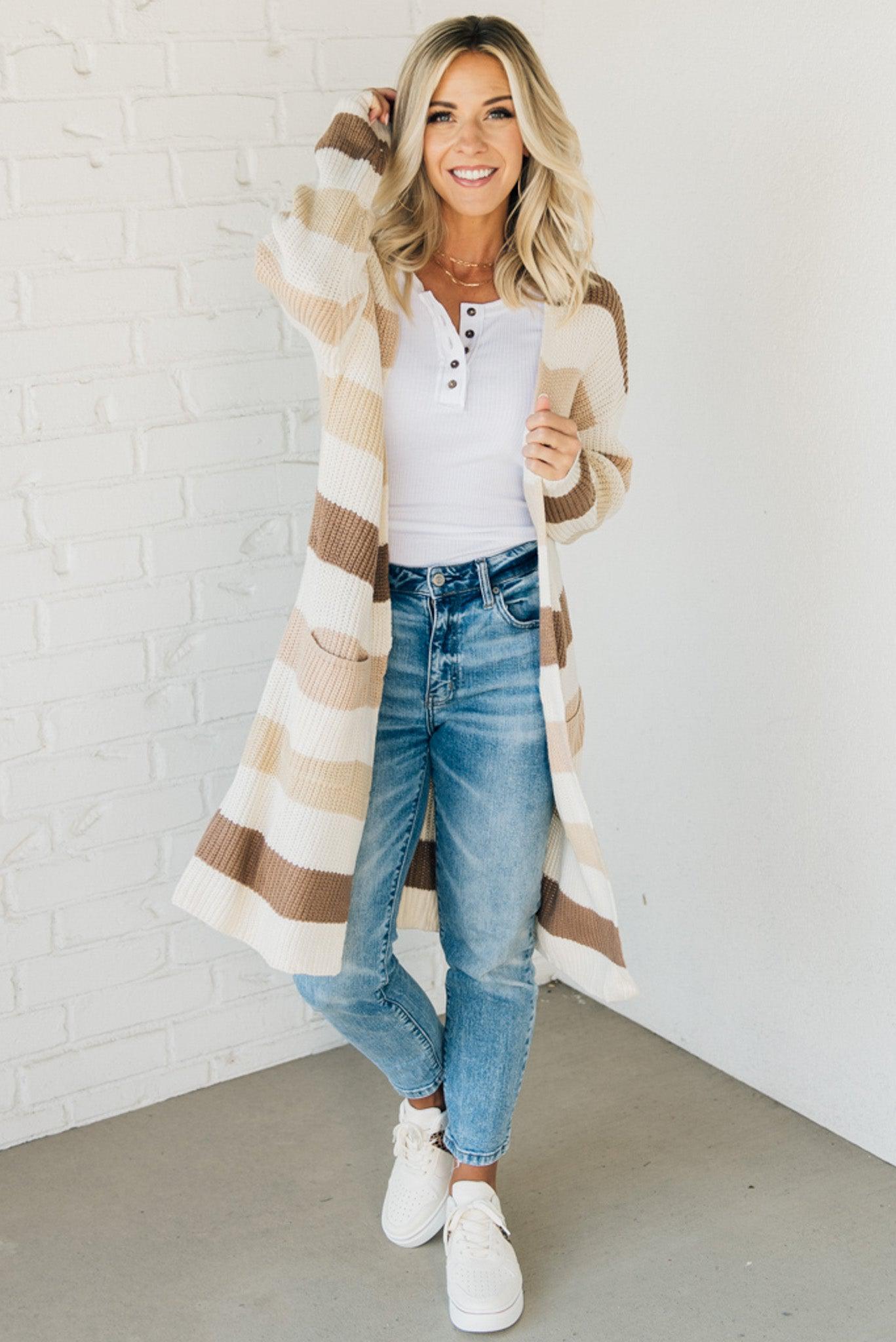 Striped Open Front Rib-Knit Duster Cardigan – Modest Necessities