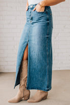 High Waist blue denim maxi skirt with center slit.