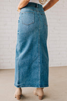 High Waist blue denim maxi skirt with center slit.