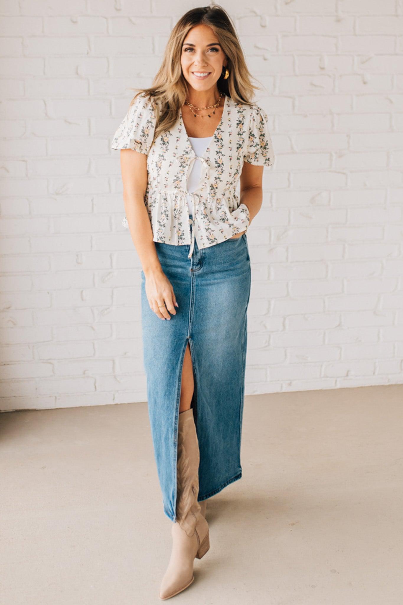 High Waist blue denim maxi skirt with center slit.