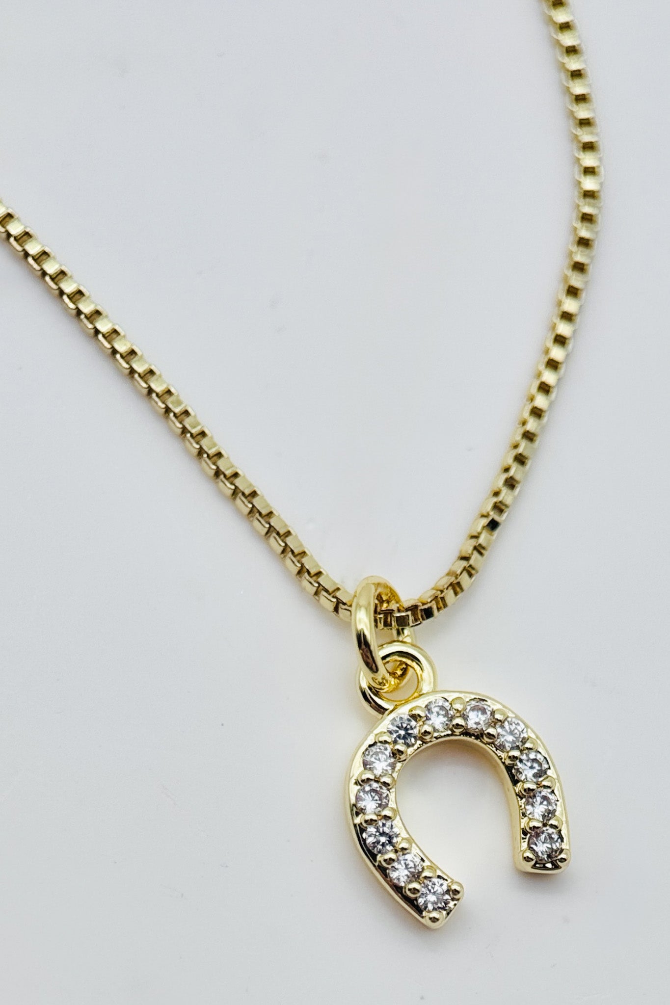 Gold necklace with a horseshoe-shaped pendant on a light gray background