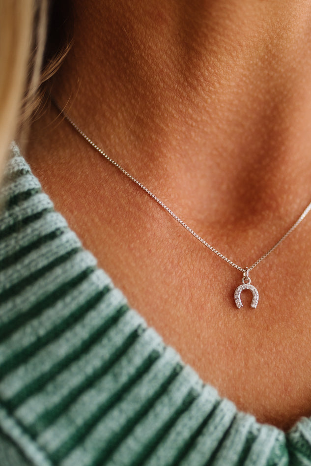Silver necklace with a horseshoe-shaped pendant on a light gray background