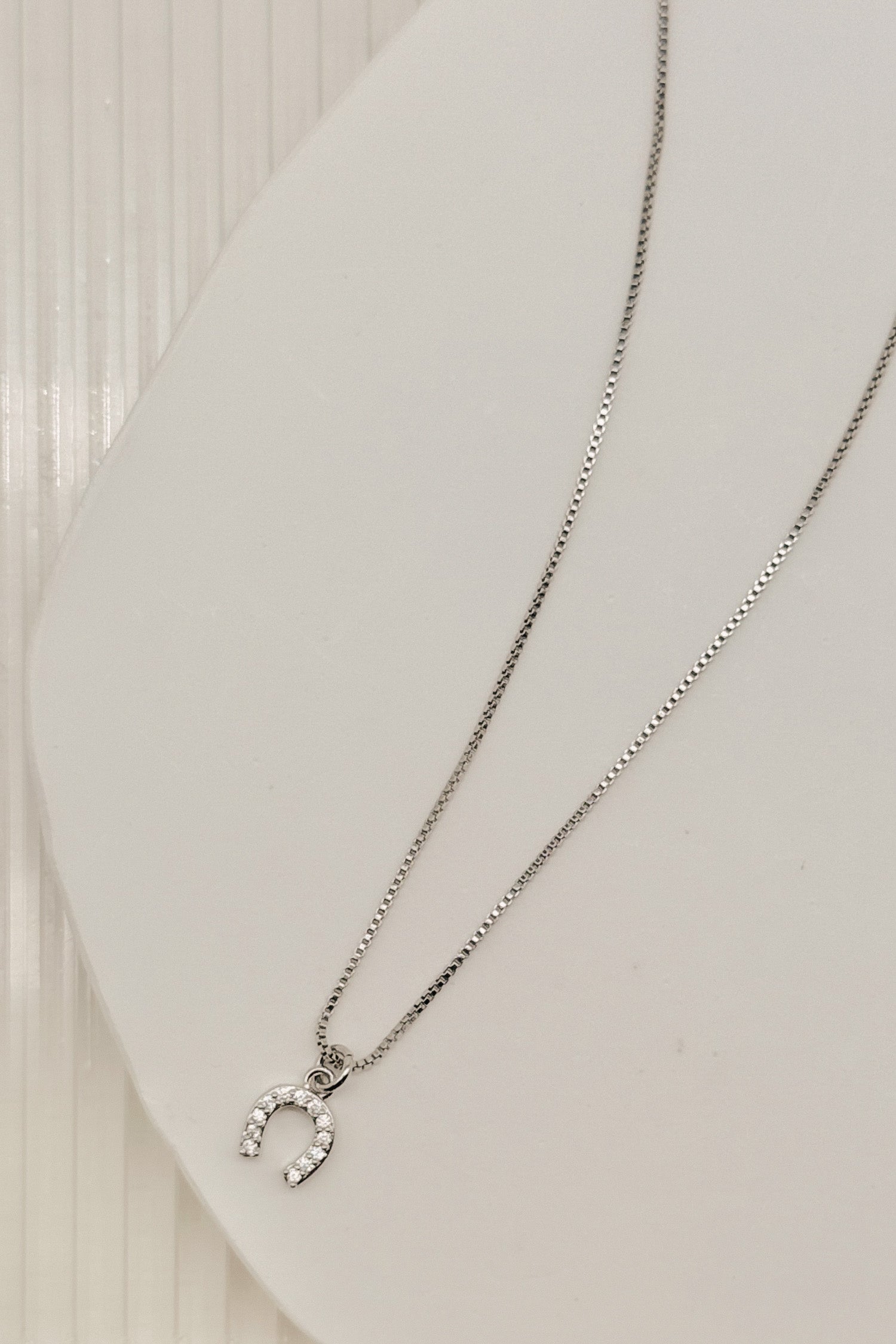 Silver necklace with a horseshoe-shaped pendant on a light gray background