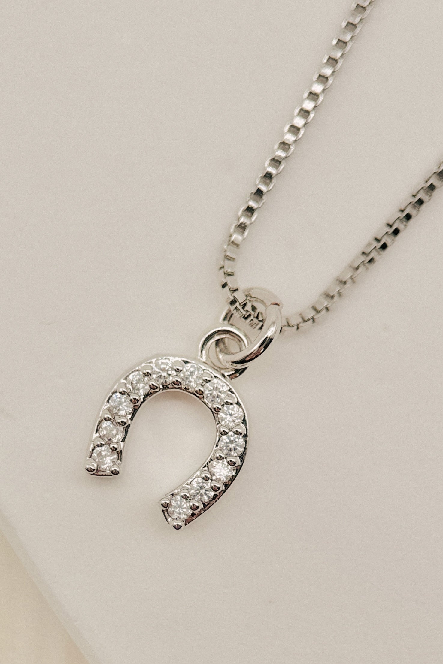 Silver necklace with a horseshoe-shaped pendant on a light gray background