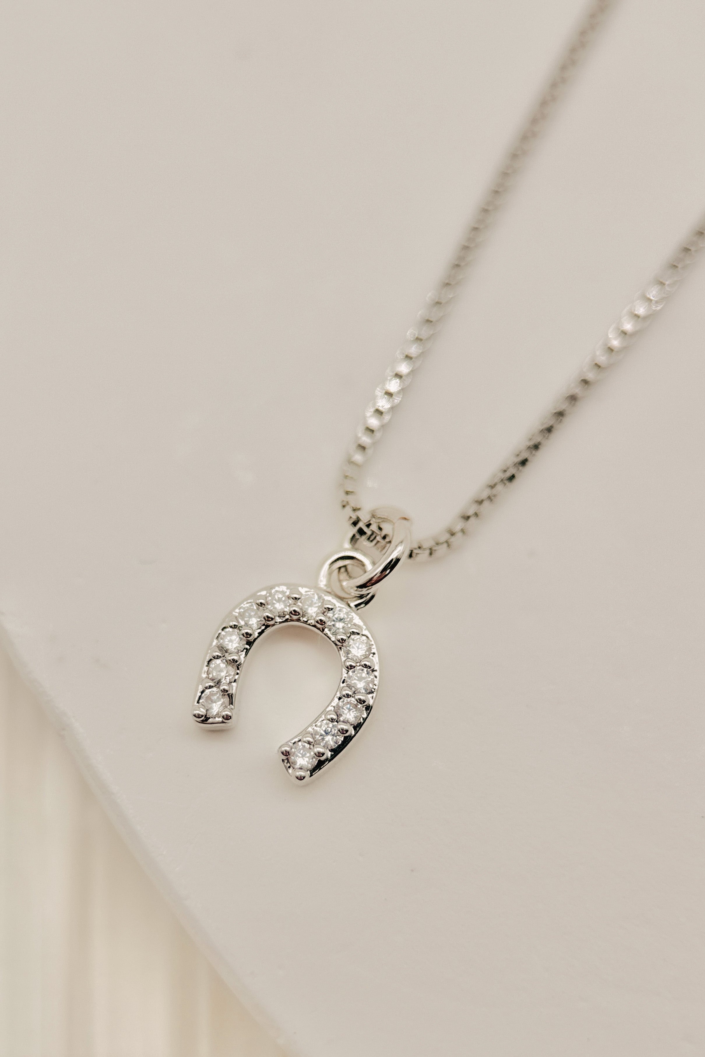 Silver necklace with a horseshoe-shaped pendant on a light gray background