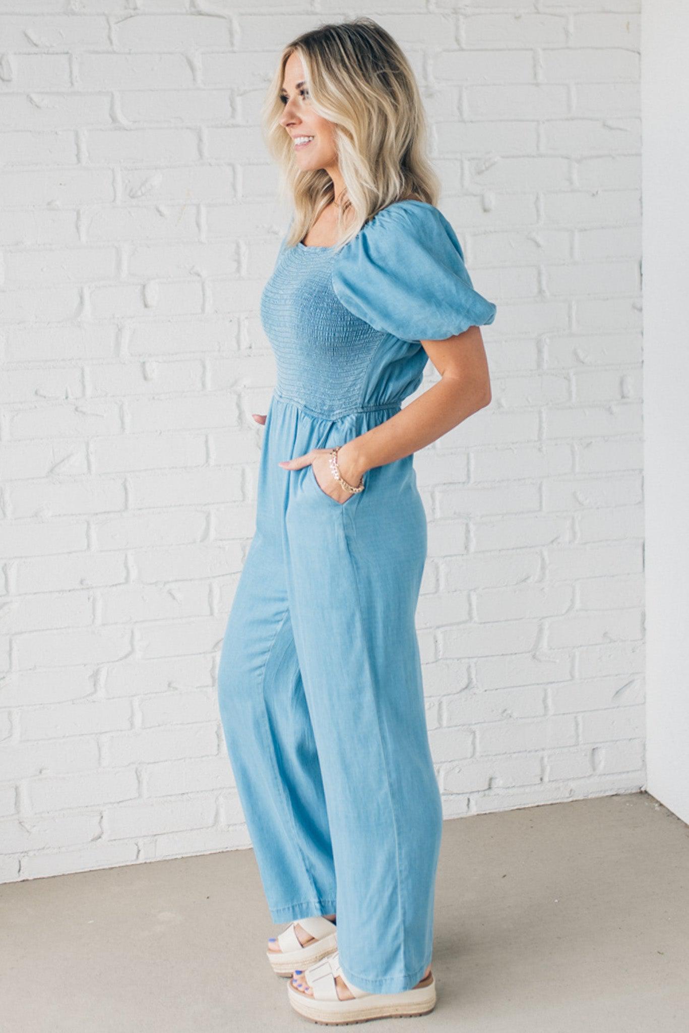 Quaint Smocked Chambray Jumpsuit – RubyClaire Boutique