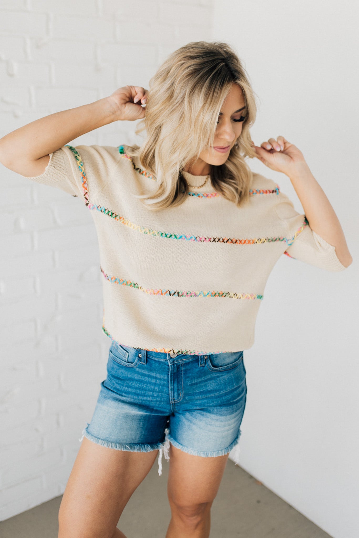 Rainbow Stitch Short Sleeve Sweater