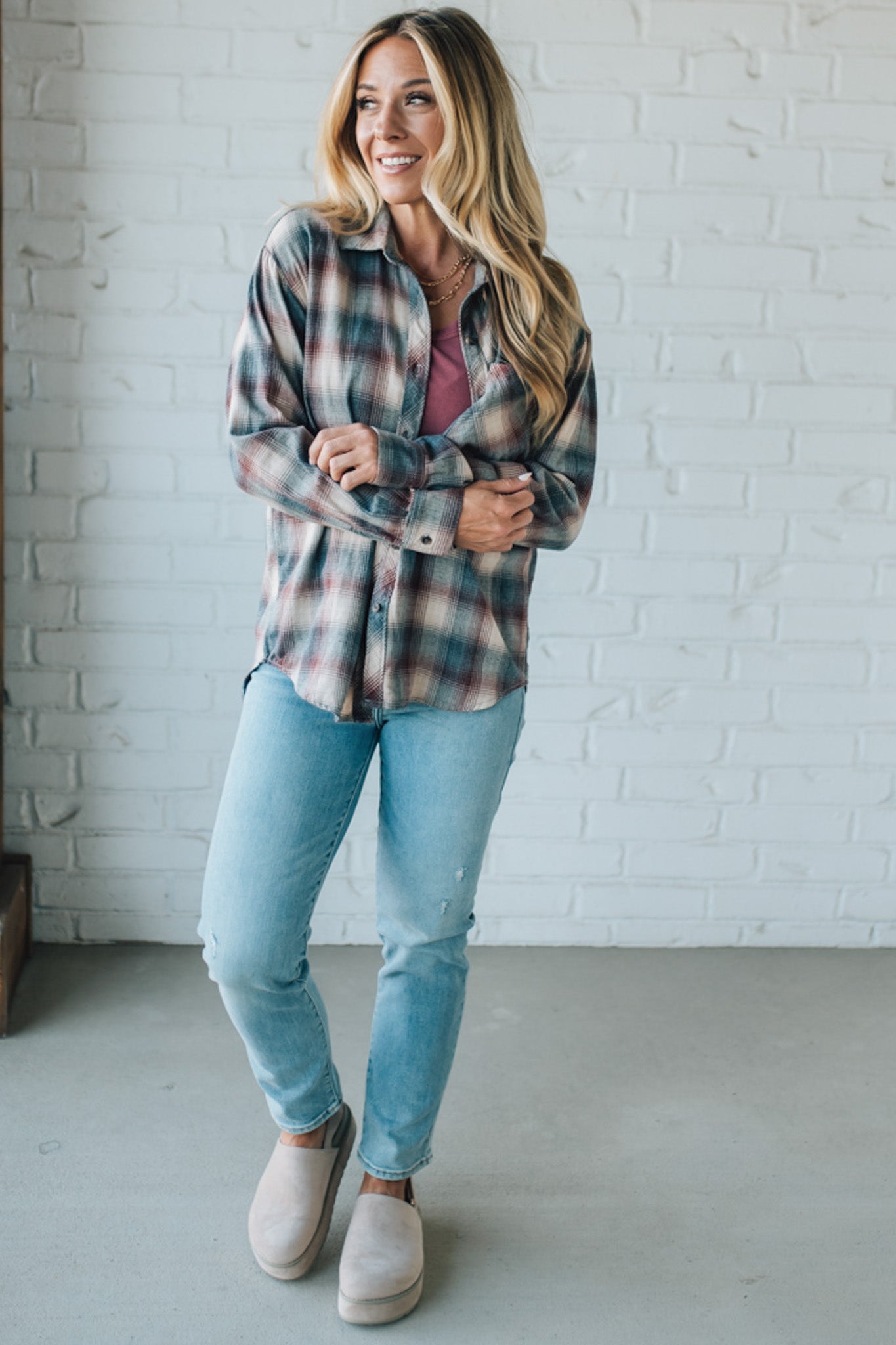 Blonde Woman Wearing a 100% Cotton Classic Burgundy Grey Plaid Shirt