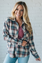 Blonde Woman Wearing a 100% Cotton Classic Burgundy Grey Plaid Shirt
