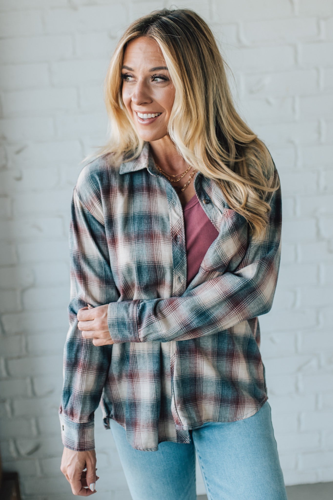 Blonde Woman Wearing a 100% Cotton Classic Burgundy Grey Plaid Shirt