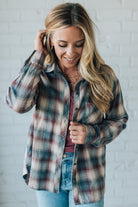 Blonde Woman Wearing a 100% Cotton Classic Burgundy Grey Plaid Shirt