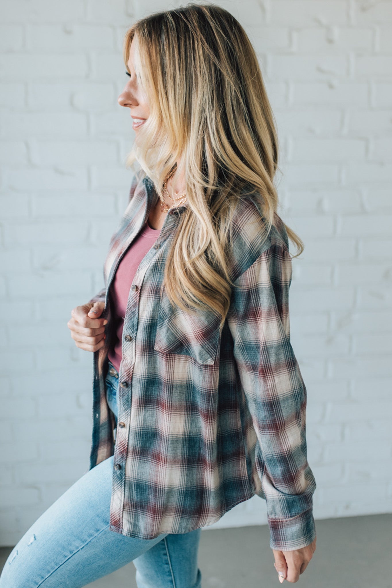 Blonde Woman Wearing a 100% Cotton Classic Burgundy Grey Plaid Shirt
