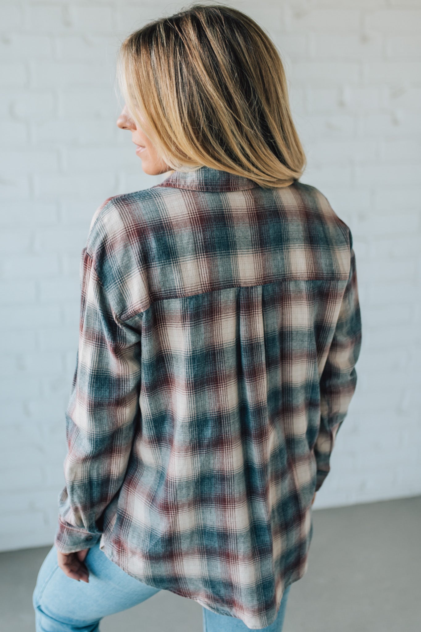 Blonde Woman Wearing a 100% Cotton Classic Burgundy Grey Plaid Shirt