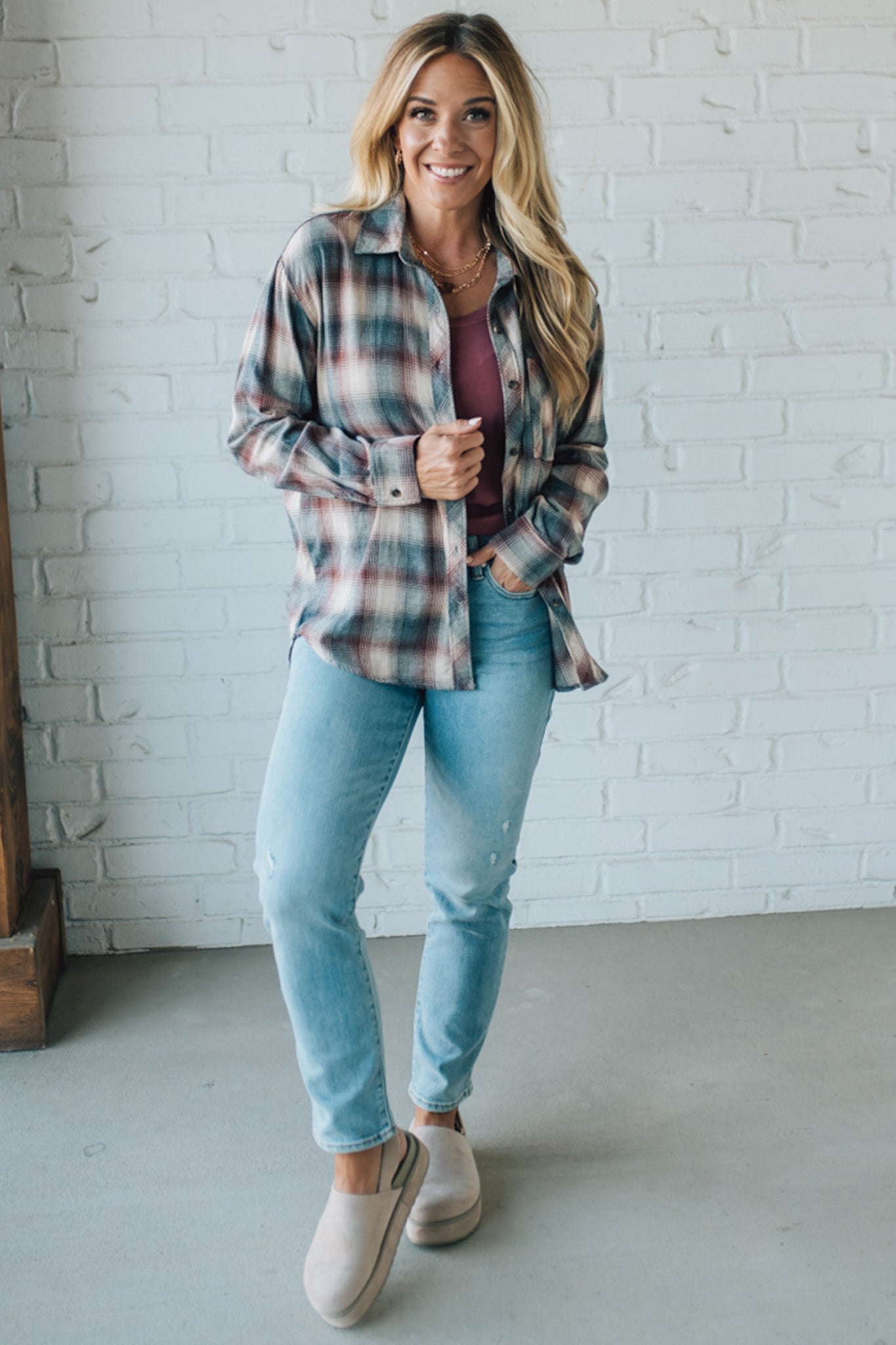 Blonde Woman Wearing a 100% Cotton Classic Burgundy Grey Plaid Shirt
