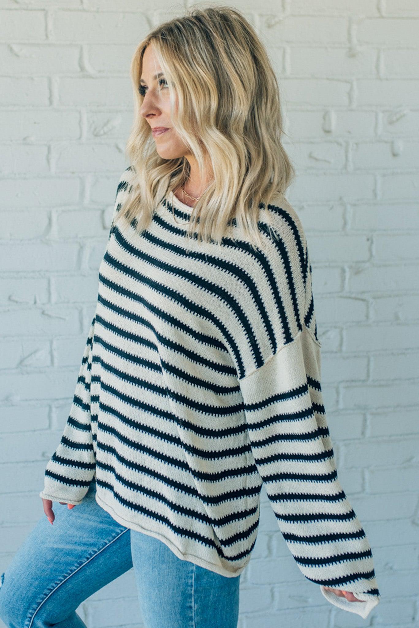 Rolled Trim Striped Sweater