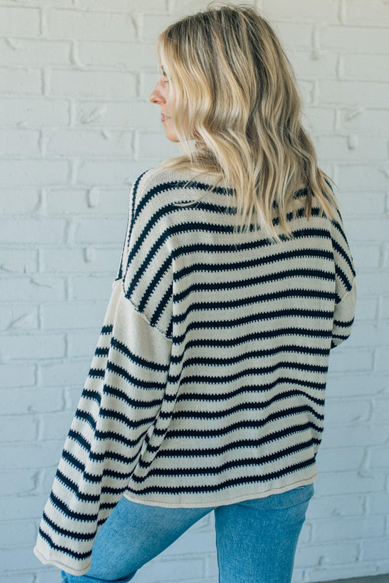 Rolled Trim Striped Sweater