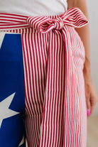 Person wearing a red and white striped apron with a blue and white star design.