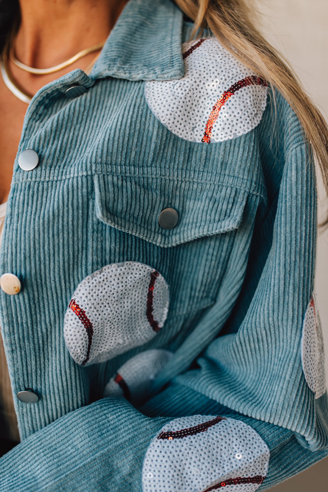 SEQUIN BASEBALL PATCHES VINTAGE WASHED CORDUROY JACKET