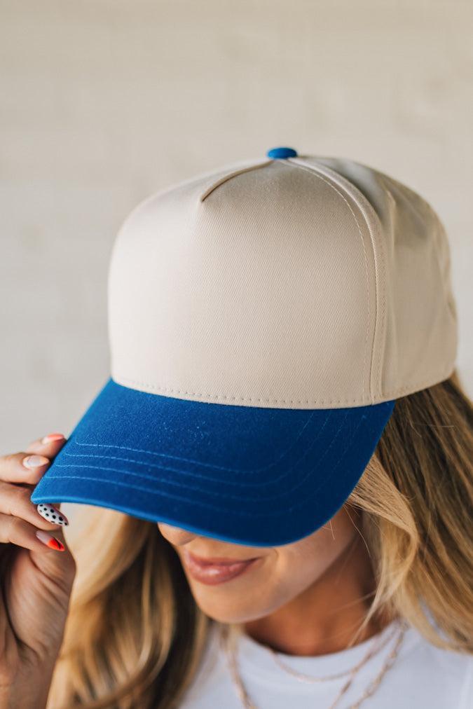 Blonde Woman Wearing a Two Tone Canvas Trucker Hat Baseball Cap.