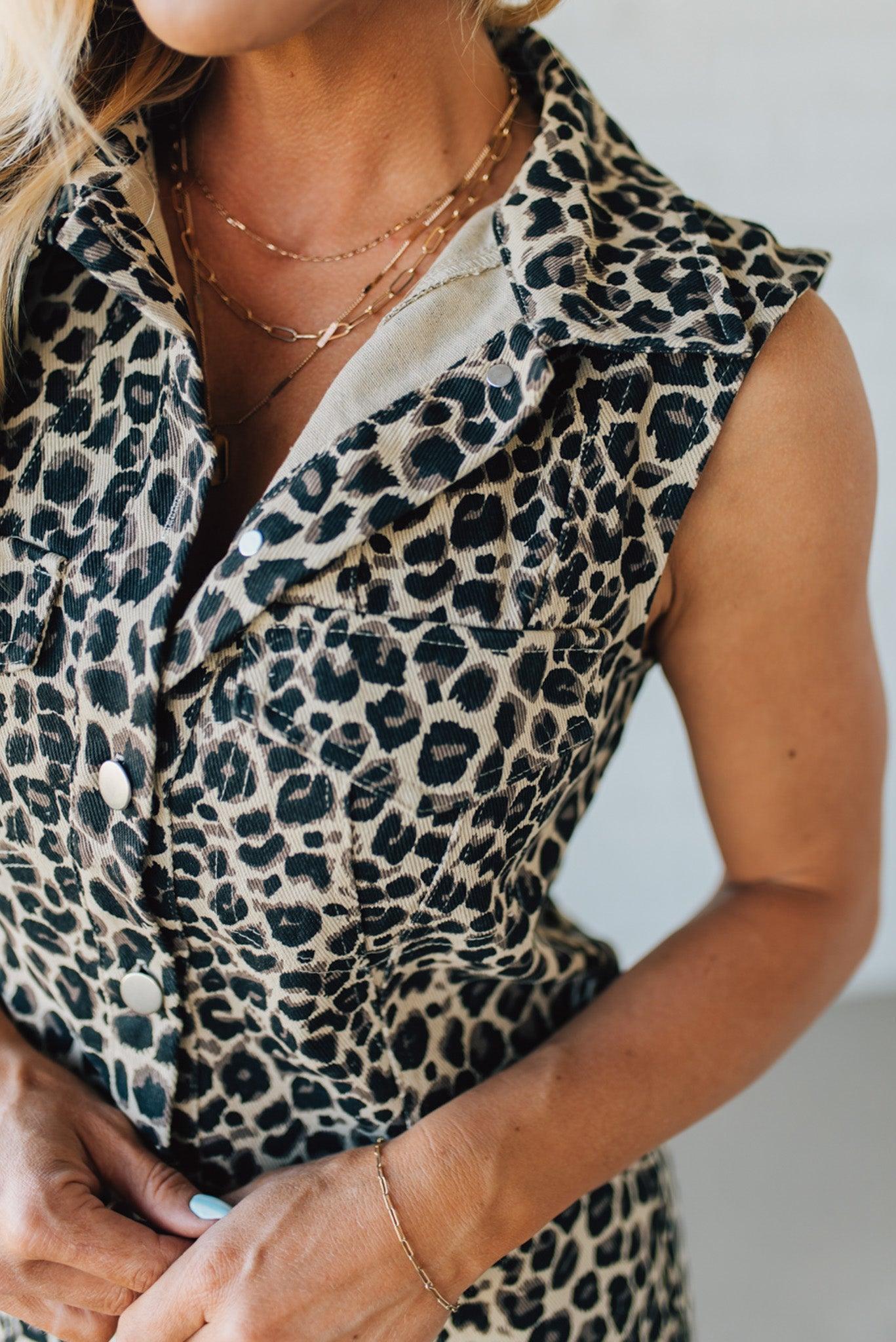 Blonde Woman Wearing a Button Front Maxi Leopard Denim Shirt Dress.