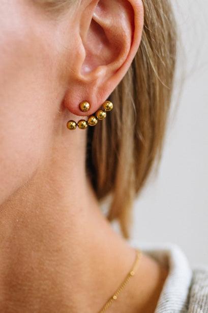 A close-up of a model's ear wearing a gold cluster stud earring with five small metallic beads, along with a delicate gold chain necklace and a light-colored top.