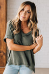 women modeling an olive short sleeve corded v neck top