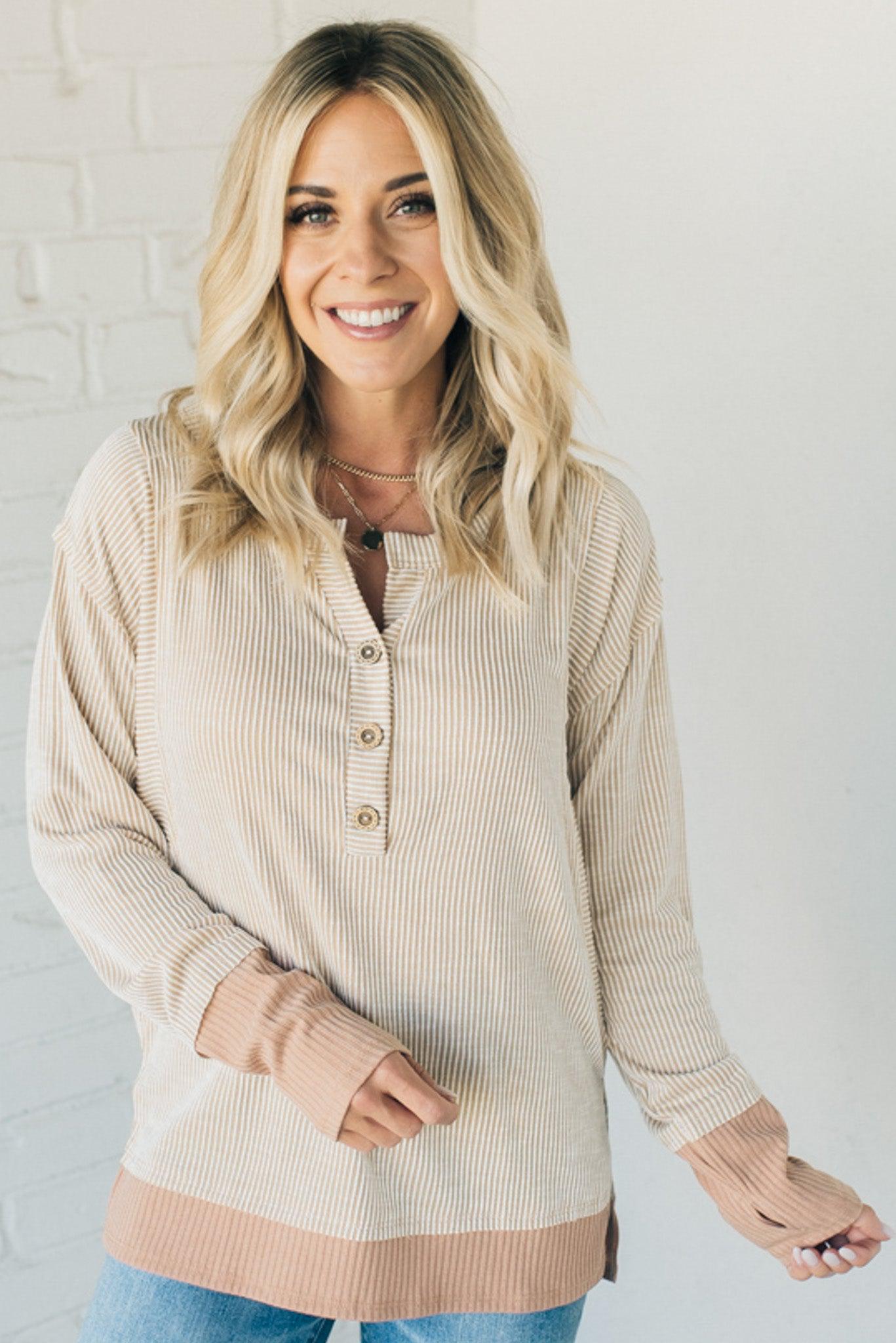 Two Tone Ribbed Henley Top