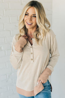  Two Tone Ribbed Henley Top