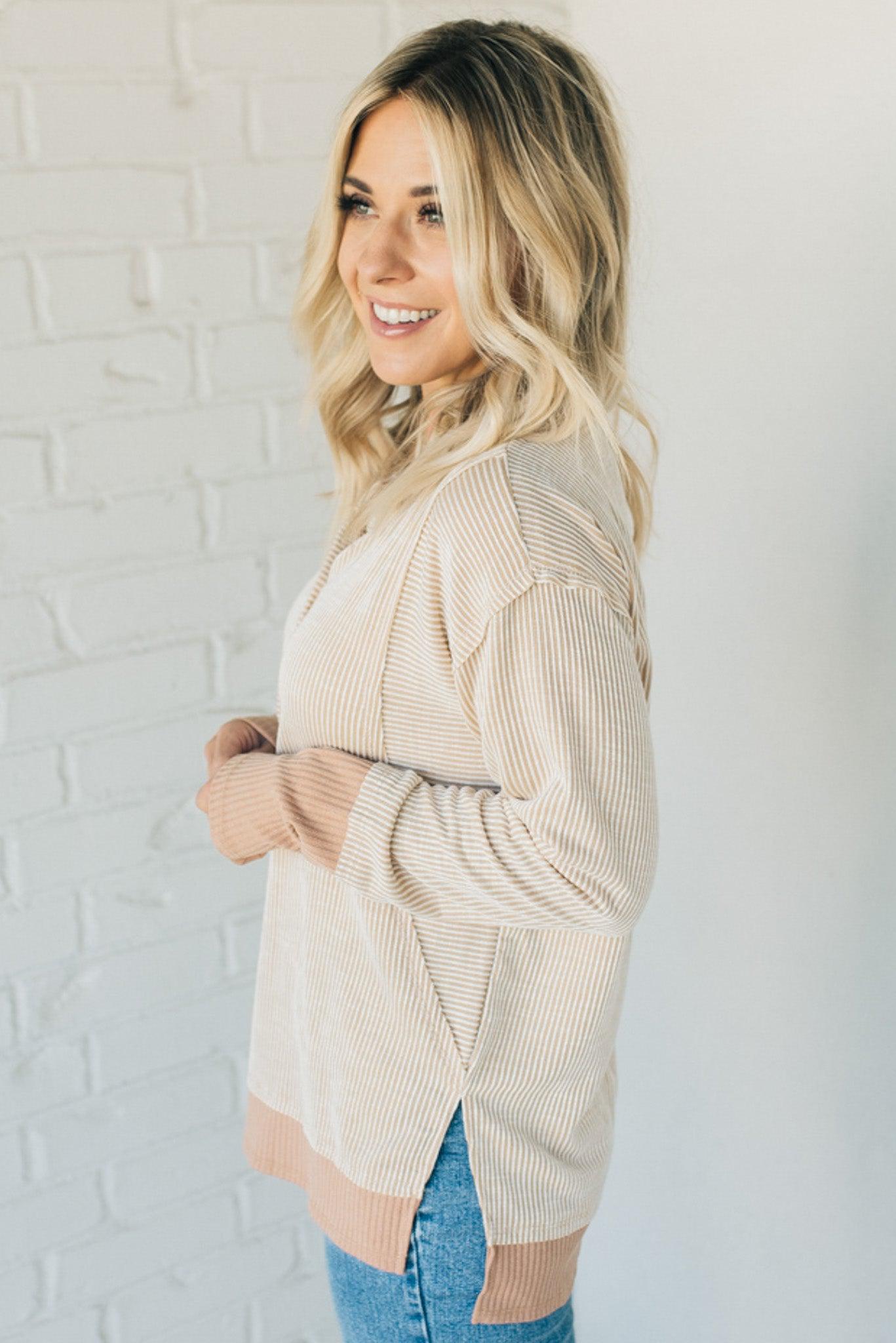 Two Tone Ribbed Henley Top