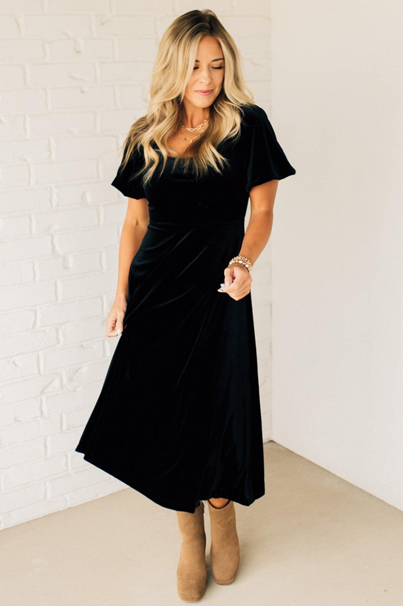 Velvet Puff Sleeve Midi Dress