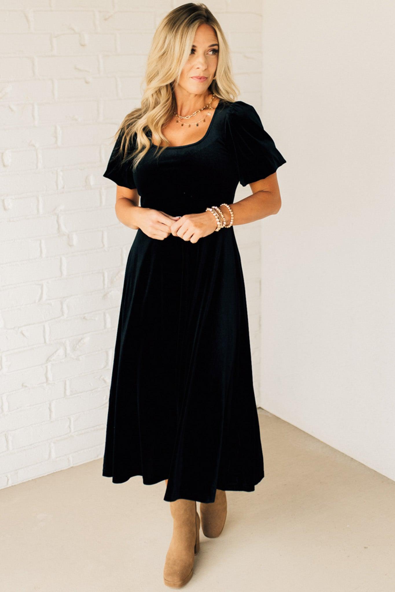 Velvet Puff Sleeve Midi Dress