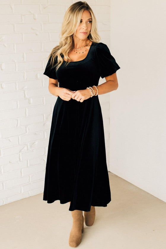 Velvet Puff Sleeve Midi Dress