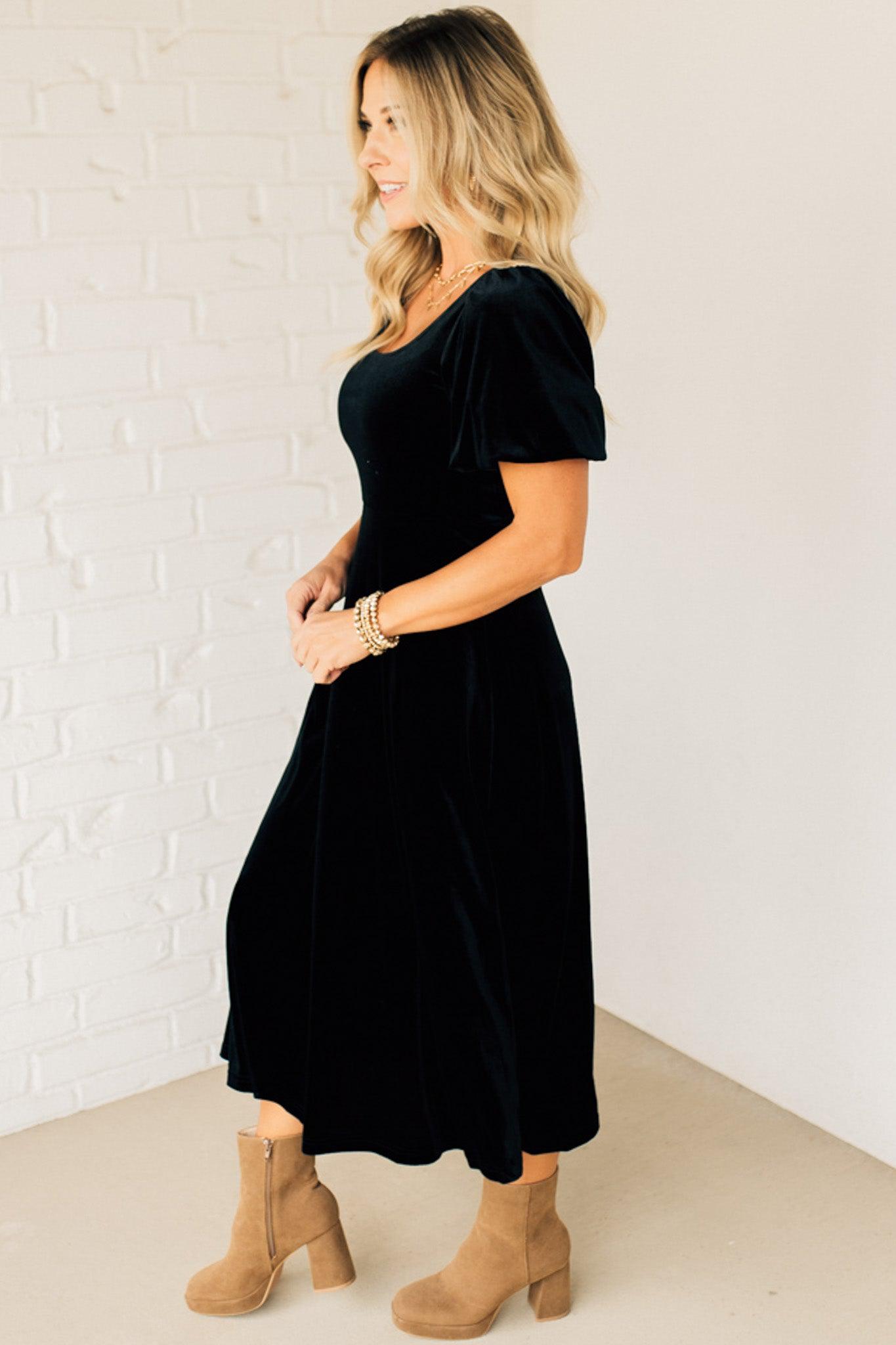 Velvet Puff Sleeve Midi Dress