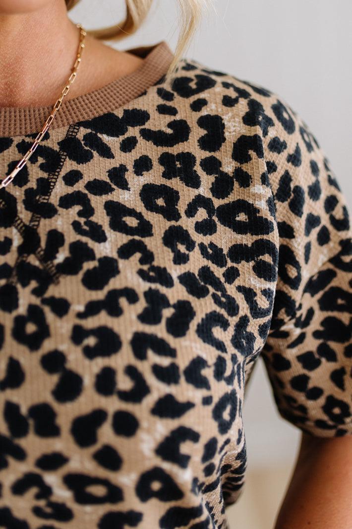 Close-up of a person wearing a leopard print top with a neutral background