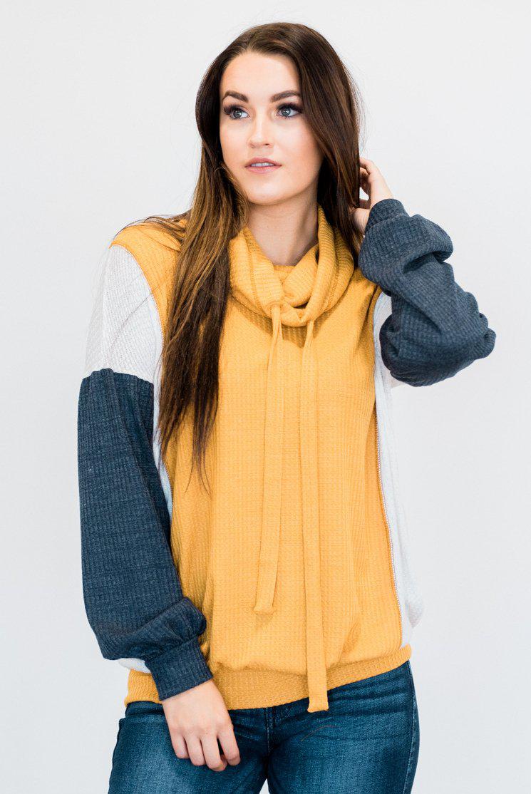 Blocked Cowl Waffle Top | Clearance